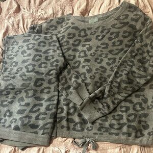 Barefoot Dreams Gray Leopard Print Scoop Neck Sweater & joggers